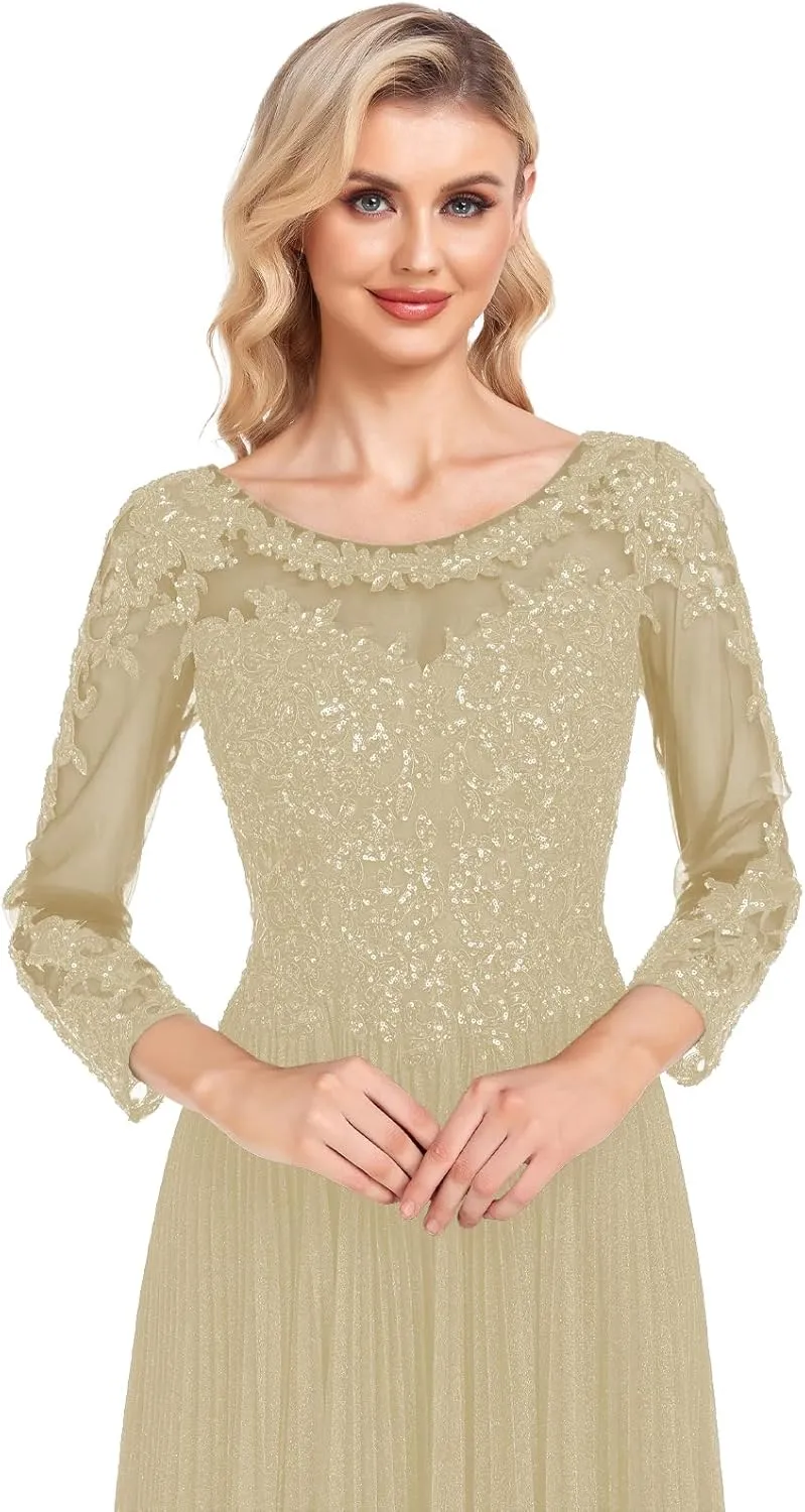 ForElise Mother of The Bride Dresses for Wedding 3/4 Sleeve Lace Appliques Long Formal Evening Dress