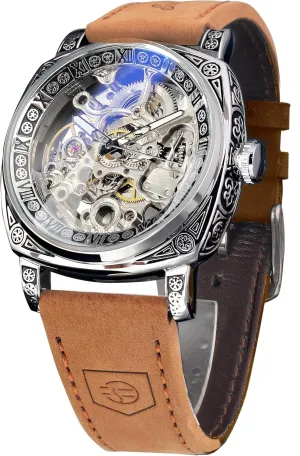 FORSINING Watches for Man, Square Retro Mechanical Watch Self-Wind Carved, Skeleton Automatic Watches Vintage Leather Strap Wristwatch