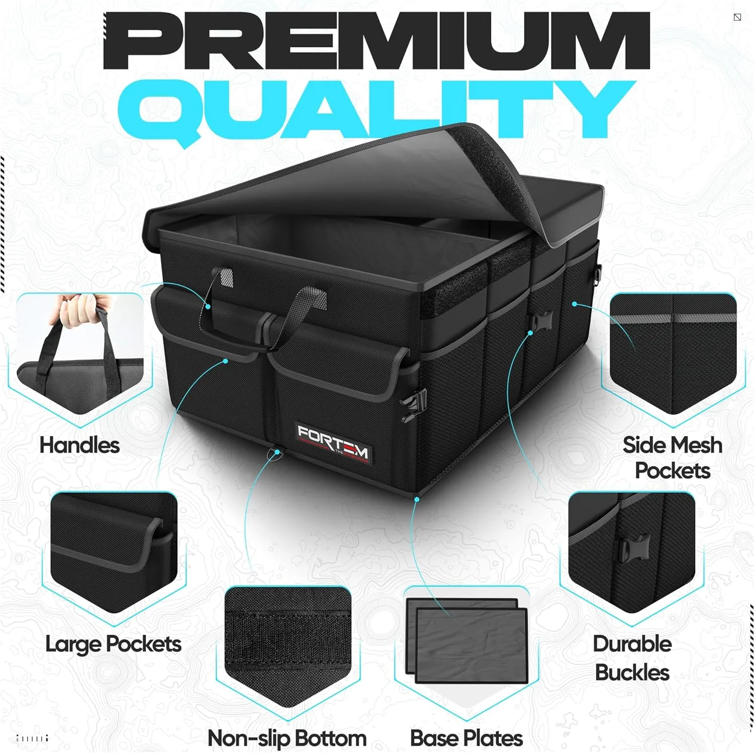 FORTEM Car Trunk Organizer, Collapsible Multi Compartment SUV Organizer, Foldable Storage for Car Accessories for Women Men, 600D Oxford, Non Slip Bottom, Securing Straps, Soft Cover (50L)