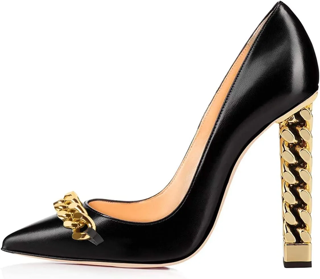 FSJ Women Gold Metal Chain Chunky High Heel Pointed Toe Slip On Fashion Party Prom Pumps Prom Shoes Size 4-15 US