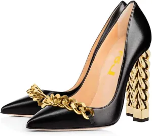 FSJ Women Gold Metal Chain Chunky High Heel Pointed Toe Slip On Fashion Party Prom Pumps Prom Shoes Size 4-15 US