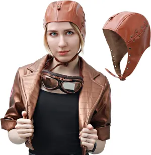 FURPHI Steampunk Aviator Hat with Ear Flaps PU Leather Vintage Cap for Women
