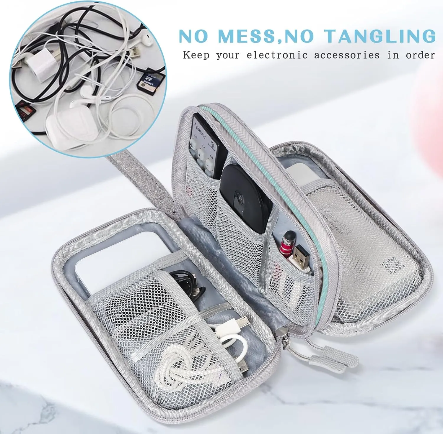 FYY Electronic Organizer, Travel Cable Organizer Bag Pouch Electronic Accessories Carry Case Portable Waterproof Double Layers All-in-One Storage Bag for Cable, Charger, Phone, Earphone, Mint Green