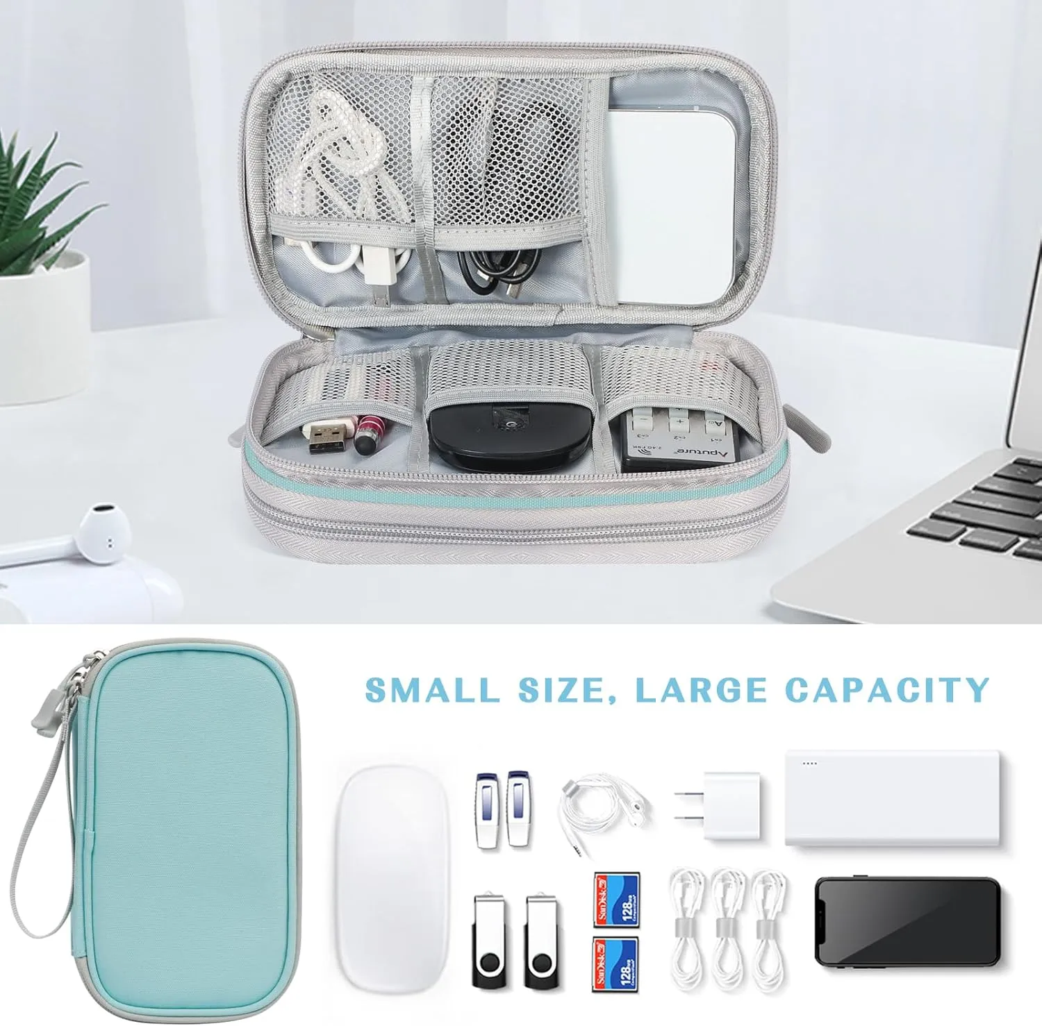 FYY Electronic Organizer, Travel Cable Organizer Bag Pouch Electronic Accessories Carry Case Portable Waterproof Double Layers All-in-One Storage Bag for Cable, Charger, Phone, Earphone, Mint Green