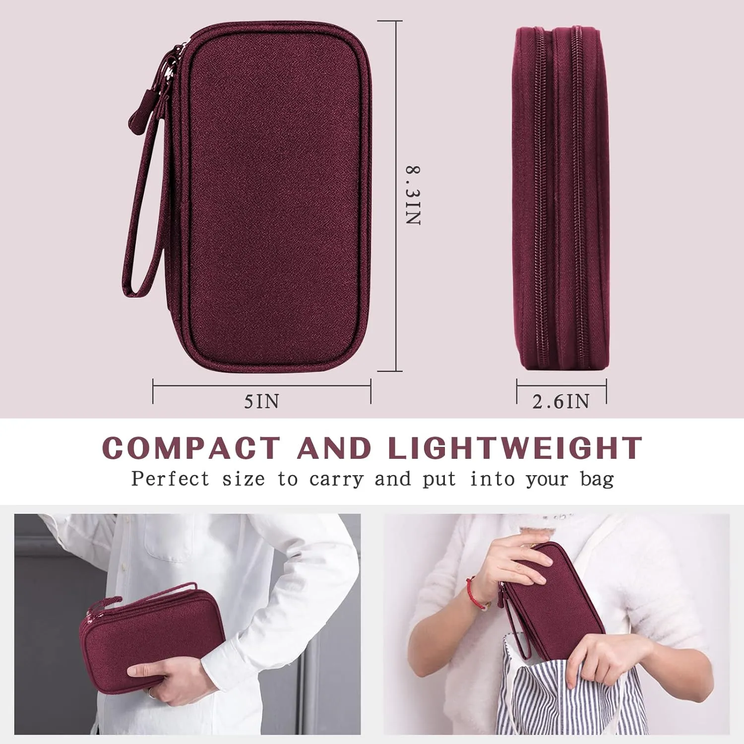 FYY Electronic Organizer, Travel Cable Organizer Bag Pouch Electronic Accessories Carry Case Portable Waterproof Double Layers Storage Bag for Cable, Charger, Phone, Earphone, Medium Size- Wine Red