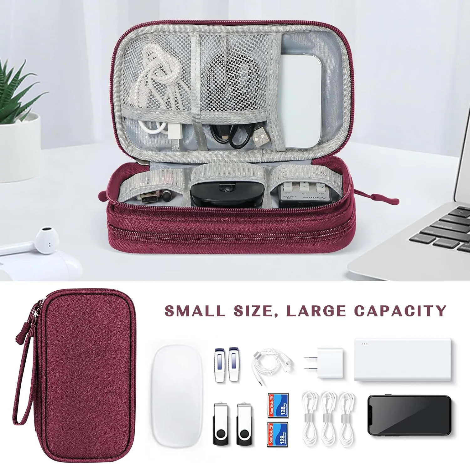 FYY Electronic Organizer, Travel Cable Organizer Bag Pouch Electronic Accessories Carry Case Portable Waterproof Double Layers Storage Bag for Cable, Charger, Phone, Earphone, Medium Size- Wine Red