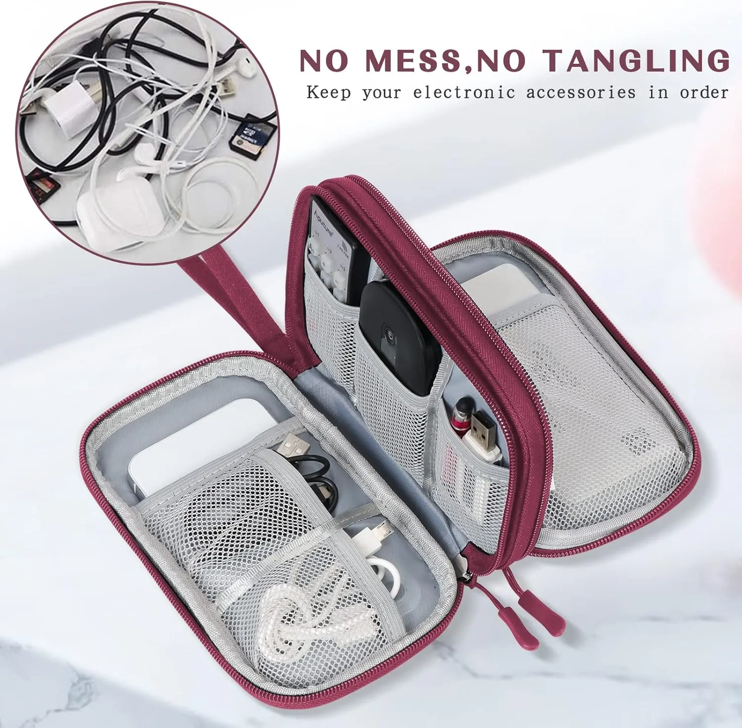 FYY Electronic Organizer, Travel Cable Organizer Bag Pouch Electronic Accessories Carry Case Portable Waterproof Double Layers Storage Bag for Cable, Charger, Phone, Earphone, Medium Size- Wine Red