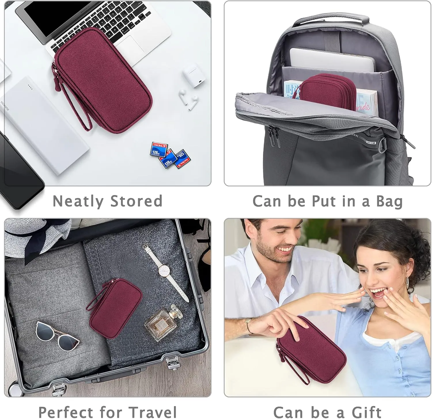 FYY Electronic Organizer, Travel Cable Organizer Bag Pouch Electronic Accessories Carry Case Portable Waterproof Double Layers Storage Bag for Cable, Charger, Phone, Earphone, Medium Size- Wine Red