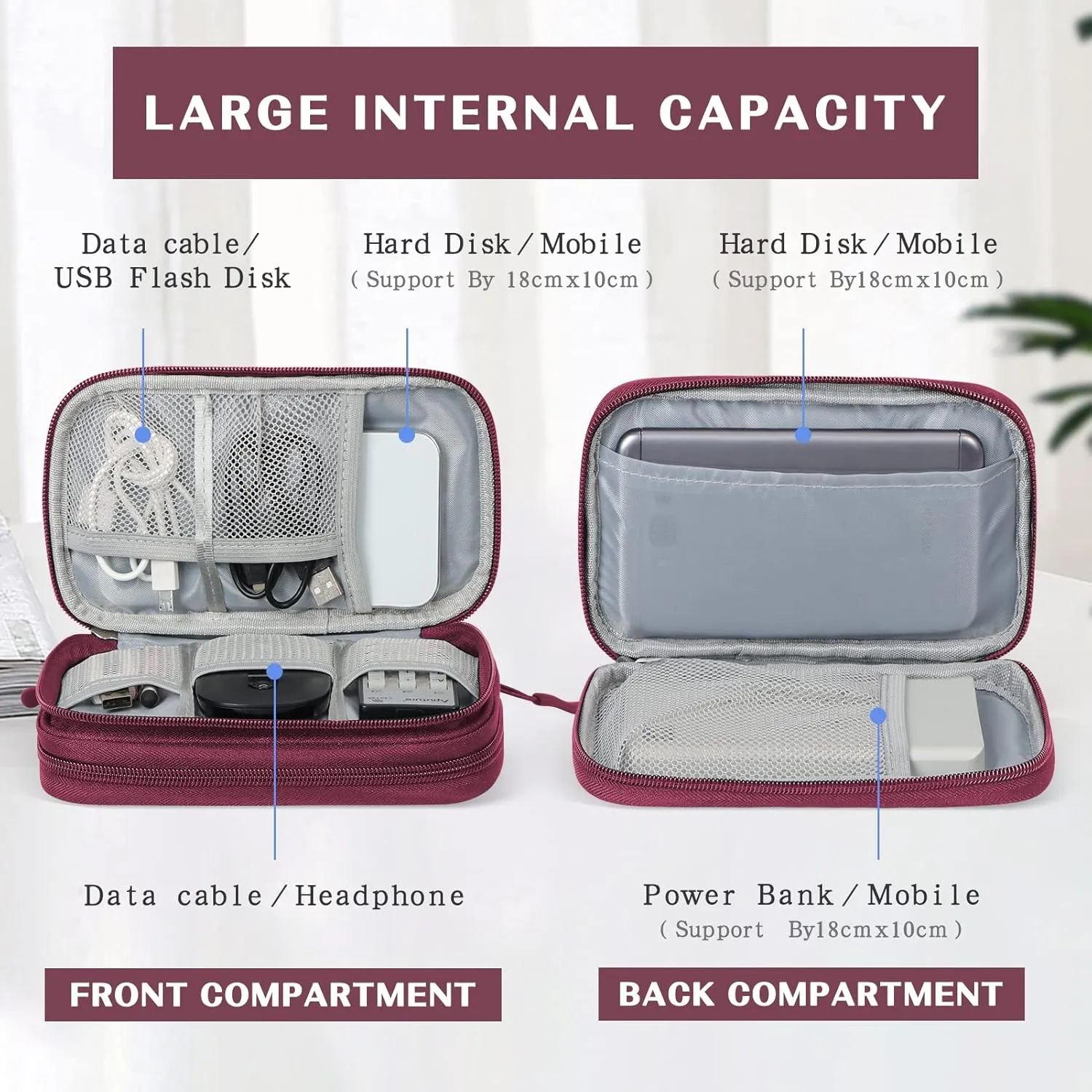 FYY Electronic Organizer, Travel Cable Organizer Bag Pouch Electronic Accessories Carry Case Portable Waterproof Double Layers Storage Bag for Cable, Charger, Phone, Earphone, Medium Size- Wine Red