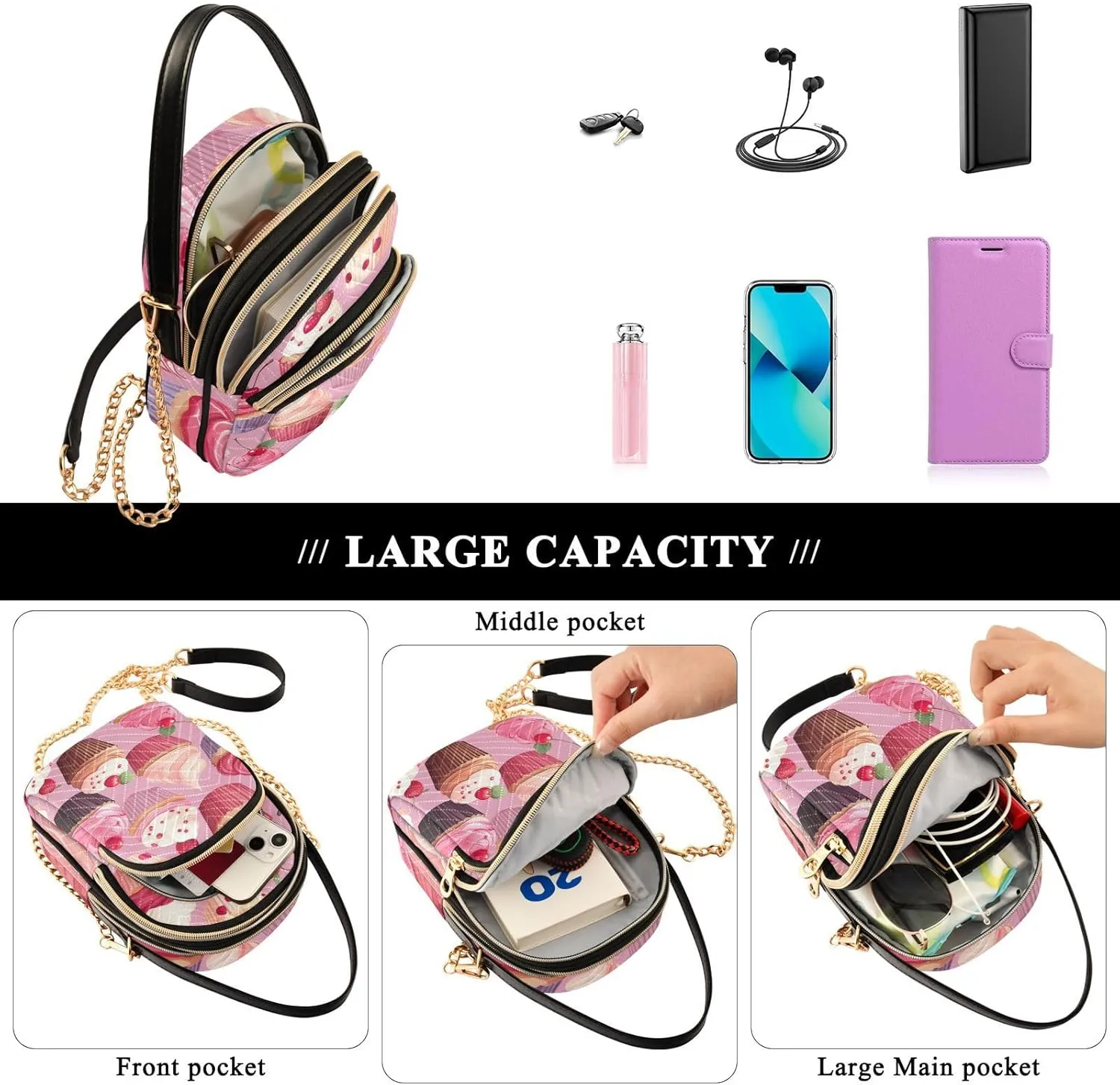 GAIGEO Beautiful Pink Cupcakes Lady Crossbody Bag, Long Strap Crossbody Bag, Crossbody Purse for Women