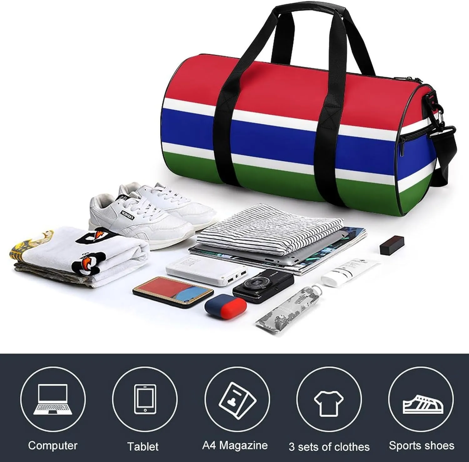 Gambia Flag Waterproof Gym Bag with Shoe Compartment Sports Duffel for Travel Beach