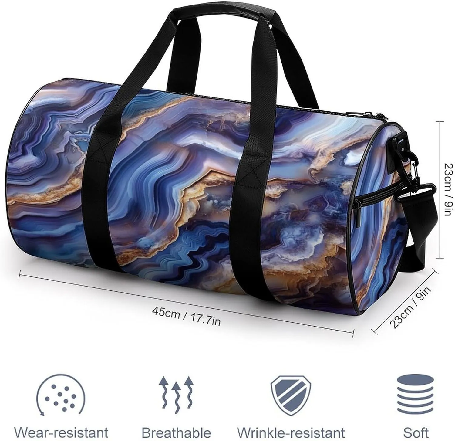 Gemstone Colors Abstract Agate Pattern Travel Gym Bag for Women Men Cylindrical Duffle Bag Sport Workout Bag with Shoulder Strap