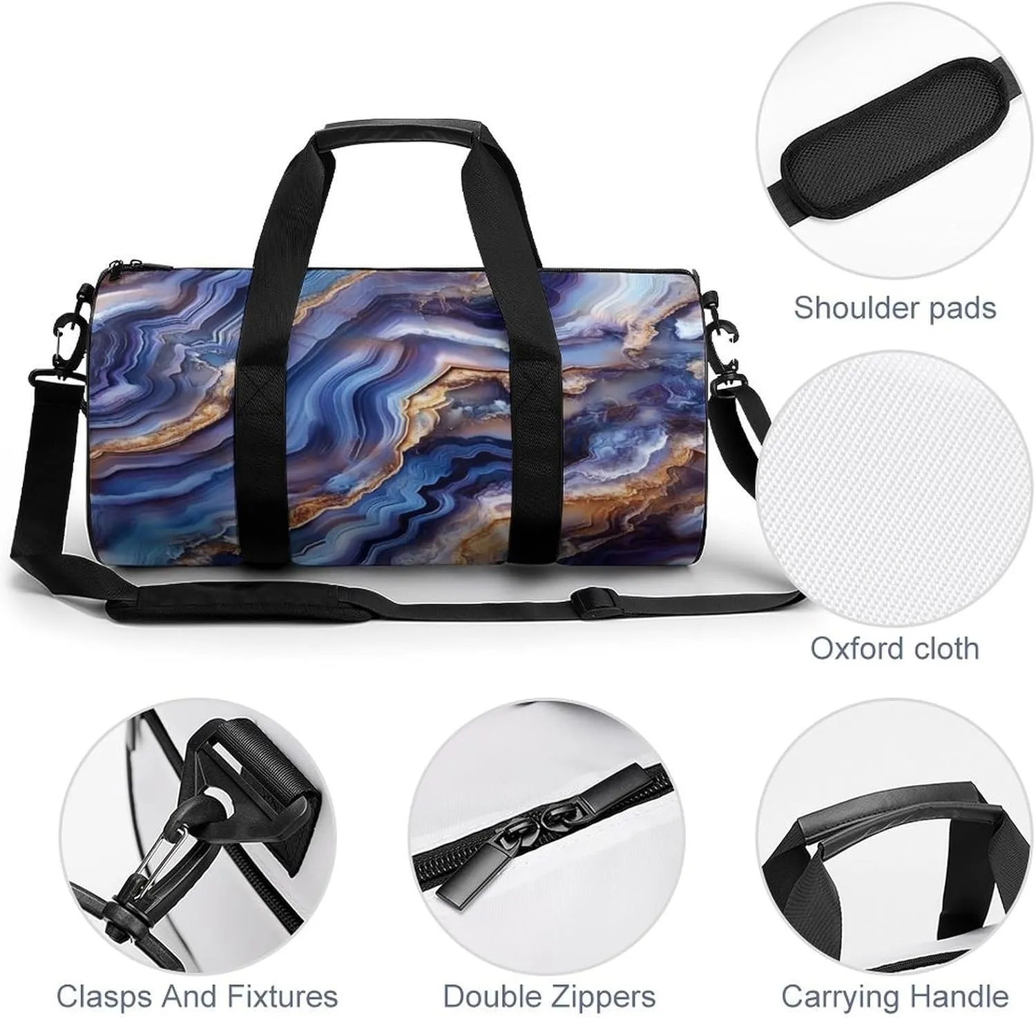 Gemstone Colors Abstract Agate Pattern Travel Gym Bag for Women Men Cylindrical Duffle Bag Sport Workout Bag with Shoulder Strap