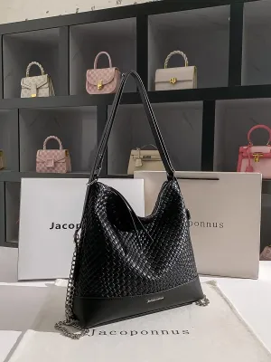 Genuine Leather Woven Black Tote Bag Women 2024 New Light Luxury Premium Sense Niche Large Capacity Backpacks