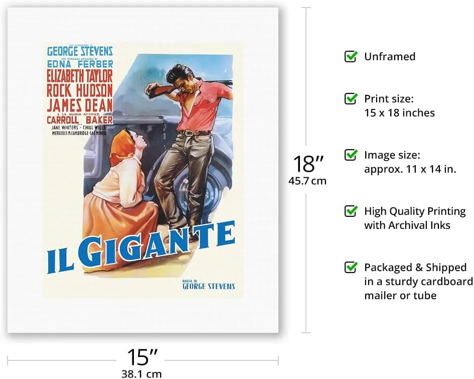 Giant (Il Gigante) - starring Elizabeth Taylor, Rock Hudson, and James Dean - Vintage Italian Movie Poster by Luigi Martinati c.1956 - Fine Art Rolled Canvas Print (Unframed) 11in x 14in