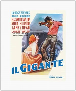 Giant (Il Gigante) - starring Elizabeth Taylor, Rock Hudson, and James Dean - Vintage Italian Movie Poster by Luigi Martinati c.1956 - Fine Art Rolled Canvas Print (Unframed) 11in x 14in
