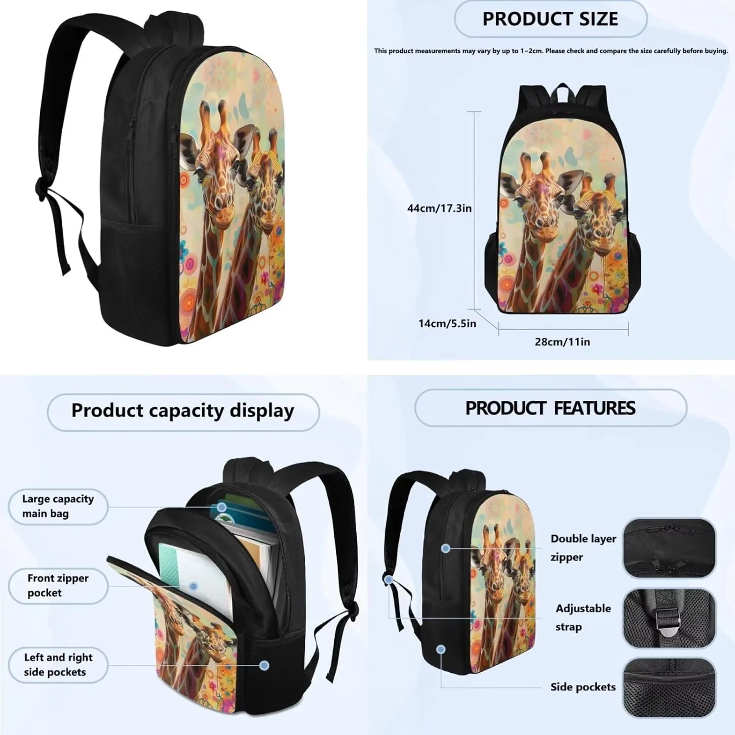Giraffes Backpack Set for Toddler Girls Grades 4 to 8 Removable Strap Meal Bags for Kids 15 inch Large Capacity Tote Bag School for School Picnic Travel Outdoor