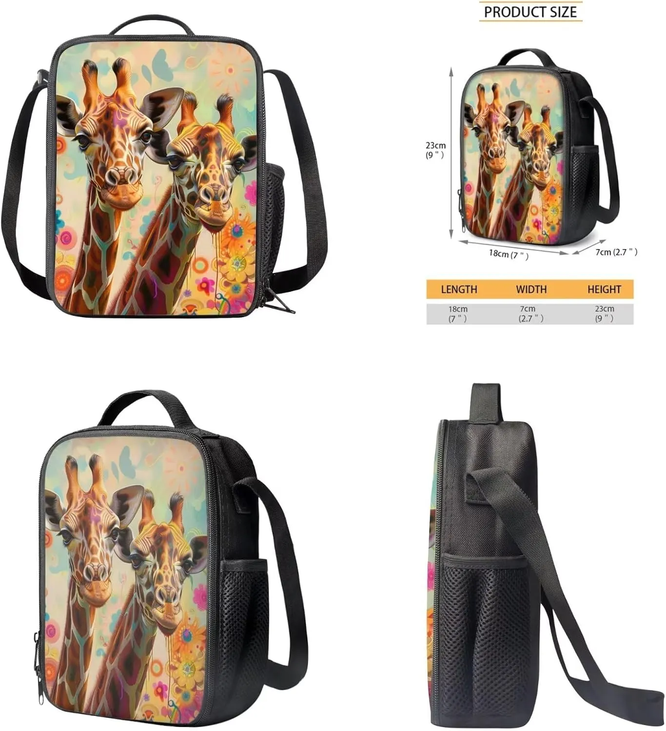 Giraffes Backpack Set for Toddler Girls Grades 4 to 8 Removable Strap Meal Bags for Kids 15 inch Large Capacity Tote Bag School for School Picnic Travel Outdoor