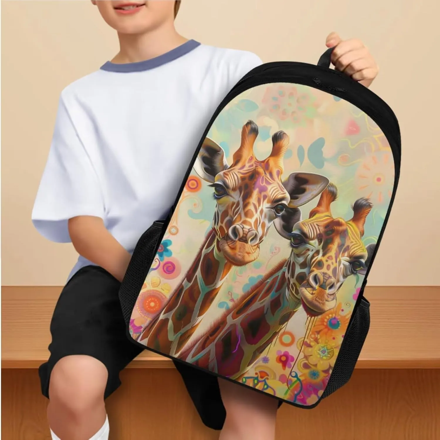 Giraffes Backpack Set for Toddler Girls Grades 4 to 8 Removable Strap Meal Bags for Kids 15 inch Large Capacity Tote Bag School for School Picnic Travel Outdoor