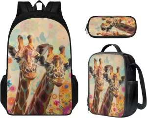Giraffes Backpack Set for Toddler Girls Grades 4 to 8 Removable Strap Meal Bags for Kids 15 inch Large Capacity Tote Bag School for School Picnic Travel Outdoor