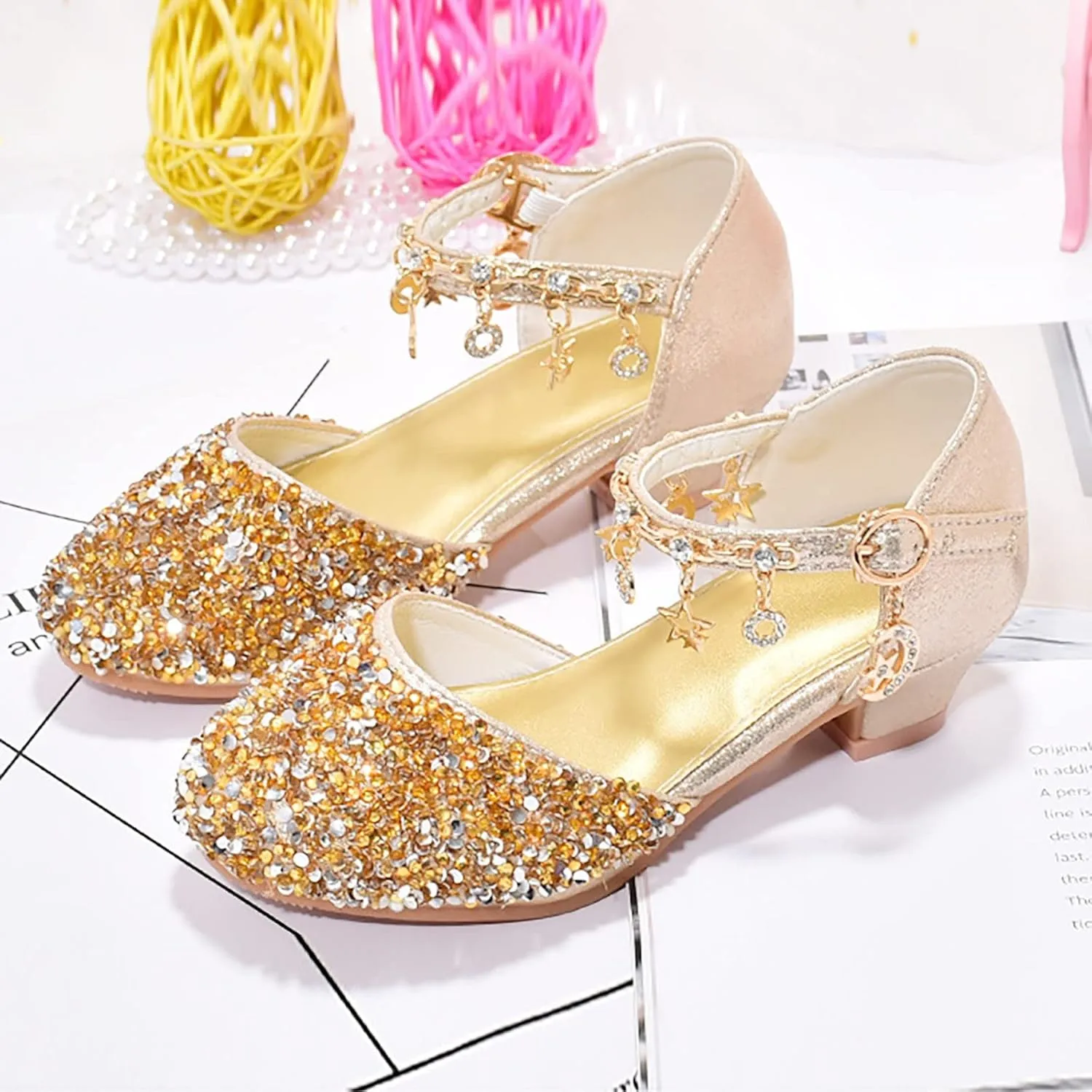 Girl Sequin Shoe Bow Wedding Sandals Bowknot Mary Jane Dress Shoes High Heels Shiny Sandals Glitter Flat Shoes