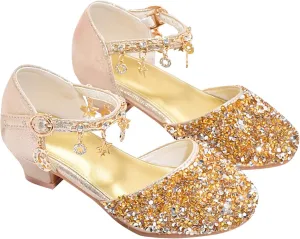 Girl Sequin Shoe Bow Wedding Sandals Bowknot Mary Jane Dress Shoes High Heels Shiny Sandals Glitter Flat Shoes