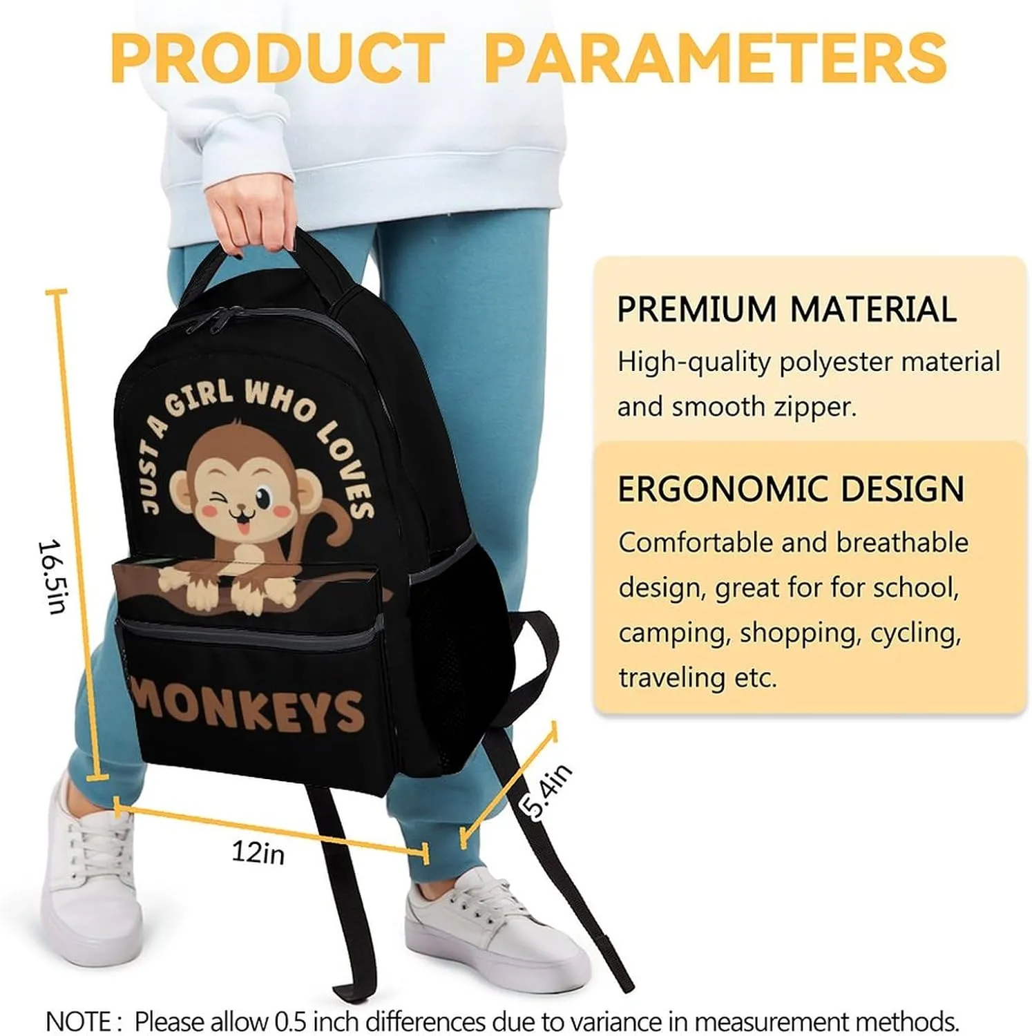 Girls Monkey Backpack for School - 16 Inches Cute Backpacks for Kids - Black Durable Bookbag for Elementary