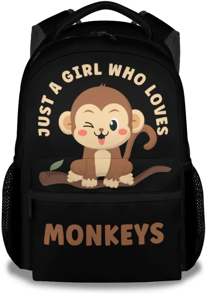 Girls Monkey Backpack for School - 16 Inches Cute Backpacks for Kids - Black Durable Bookbag for Elementary