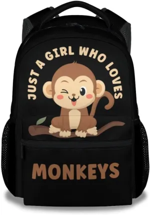 Girls Monkey Backpack for School - 16 Inches Cute Backpacks for Kids - Black Durable Bookbag for Elementary