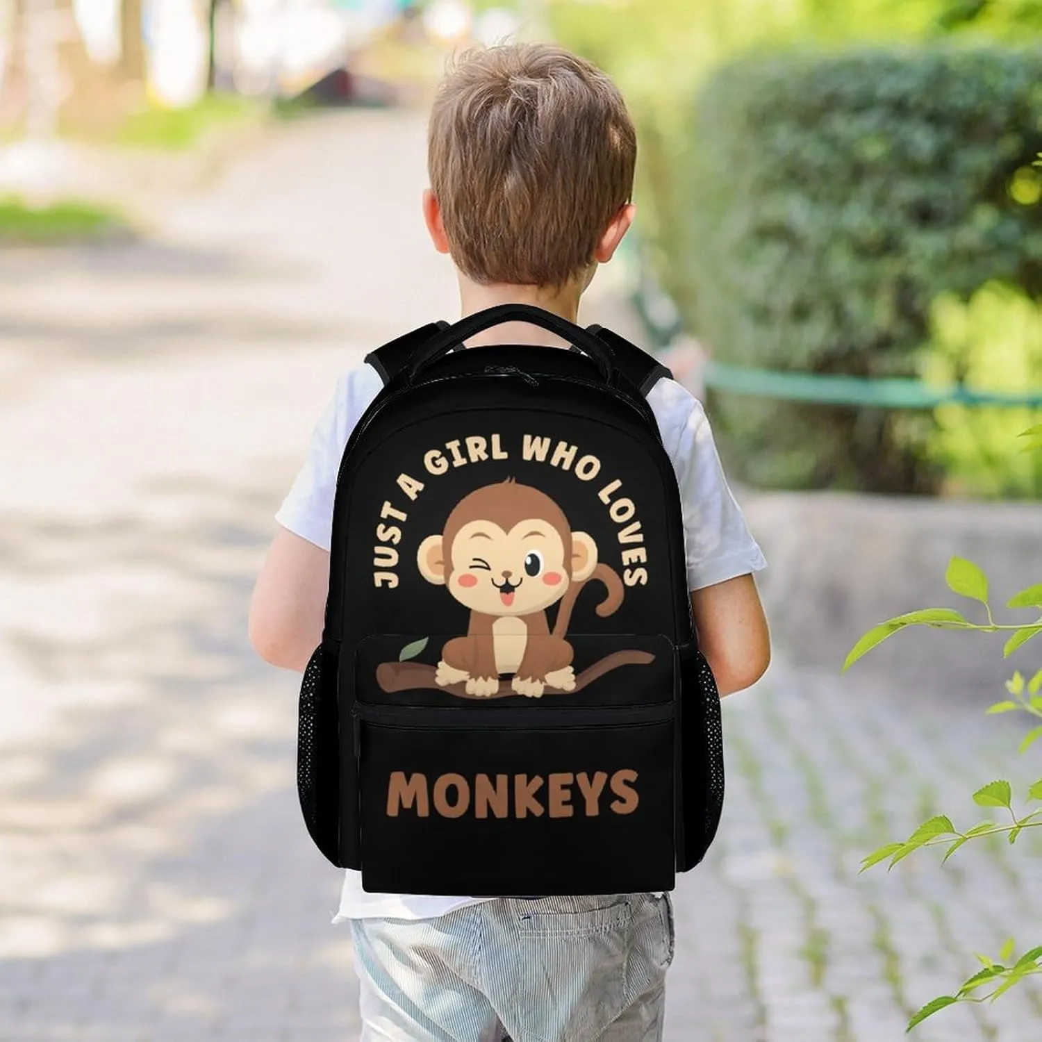 Girls Monkey Backpack for School - 16 Inches Cute Backpacks for Kids - Black Durable Bookbag for Elementary