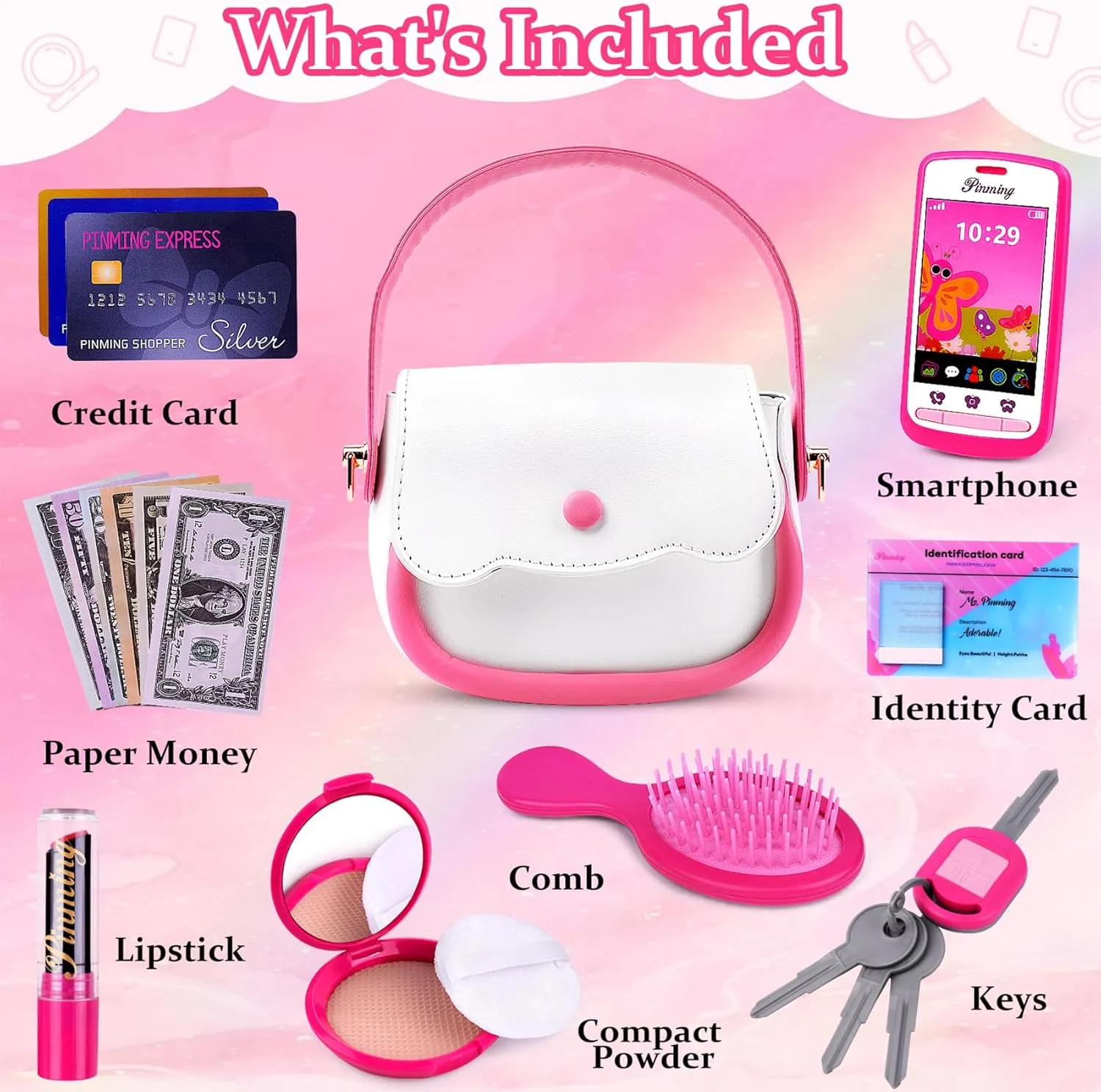 GJZZ Play Purse for Little Girls Toys - Toddler Purse Set Pretend Play Makeup Toys for 3 4 5 6 7 Year Old Girls, Kids Toy Purse Birthday Gifts for Girls Ages 3-5 4-5 6-8 Years Old, ABB-02, Pink