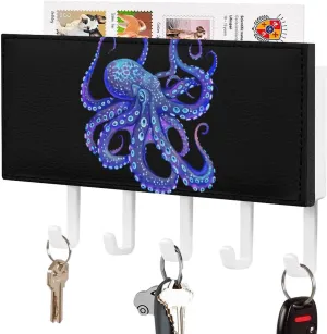 Gleaming Octopus Glowing in The Dark Novelty Key Holder Funny Keys Hook Mail Organizer Hanging Rack Decor with 5 Hooks for Wall