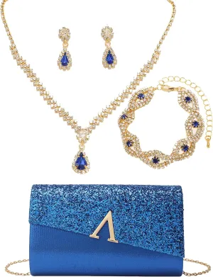 Glitter Evening Clutch Purse for Women Sparkly Shiny Handbag Ladies Wedding Prom Purse with Detachable Chain 4 Pieces Rhinestone Jewelry Set