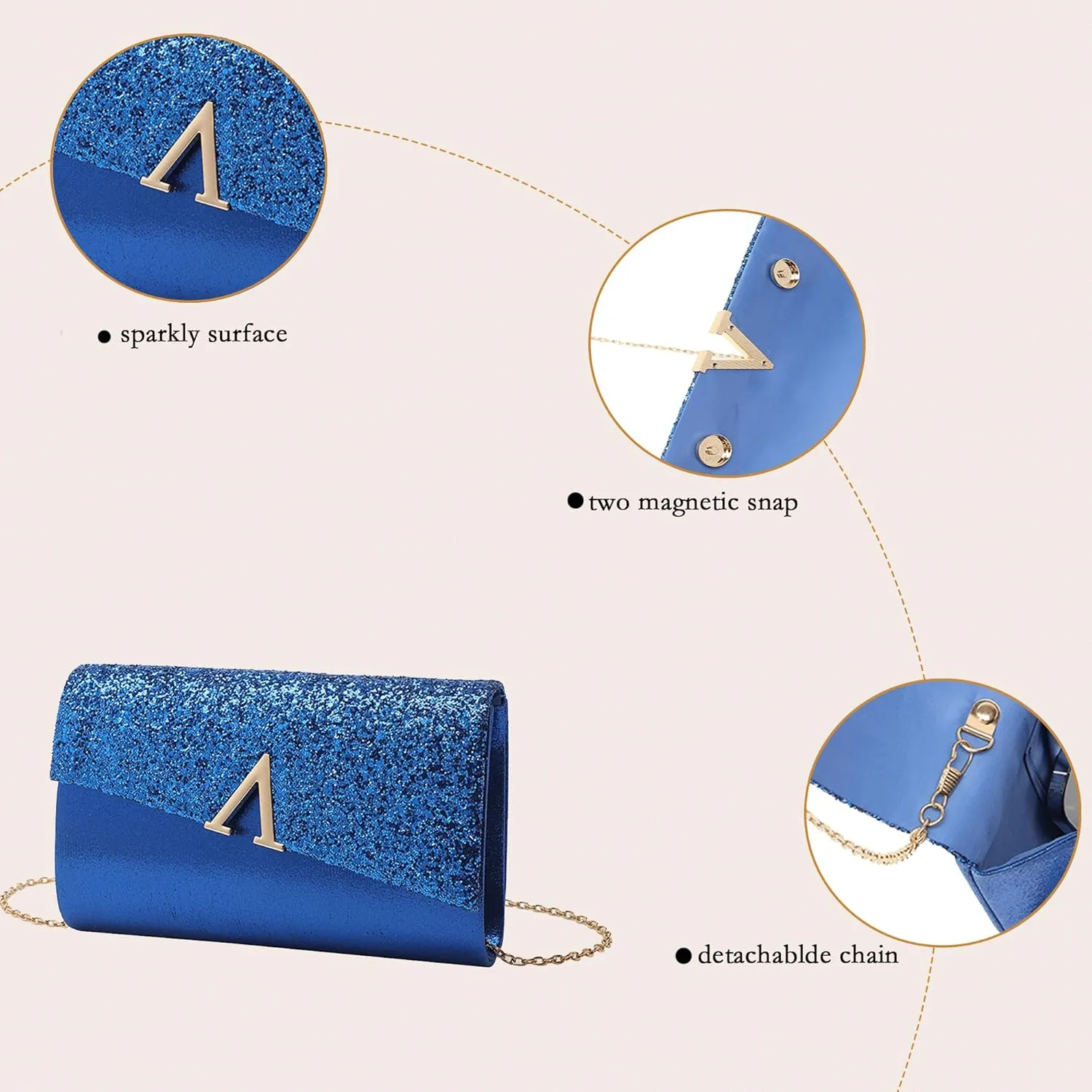 Glitter Evening Clutch Purse for Women Sparkly Shiny Handbag Ladies Wedding Prom Purse with Detachable Chain 4 Pieces Rhinestone Jewelry Set