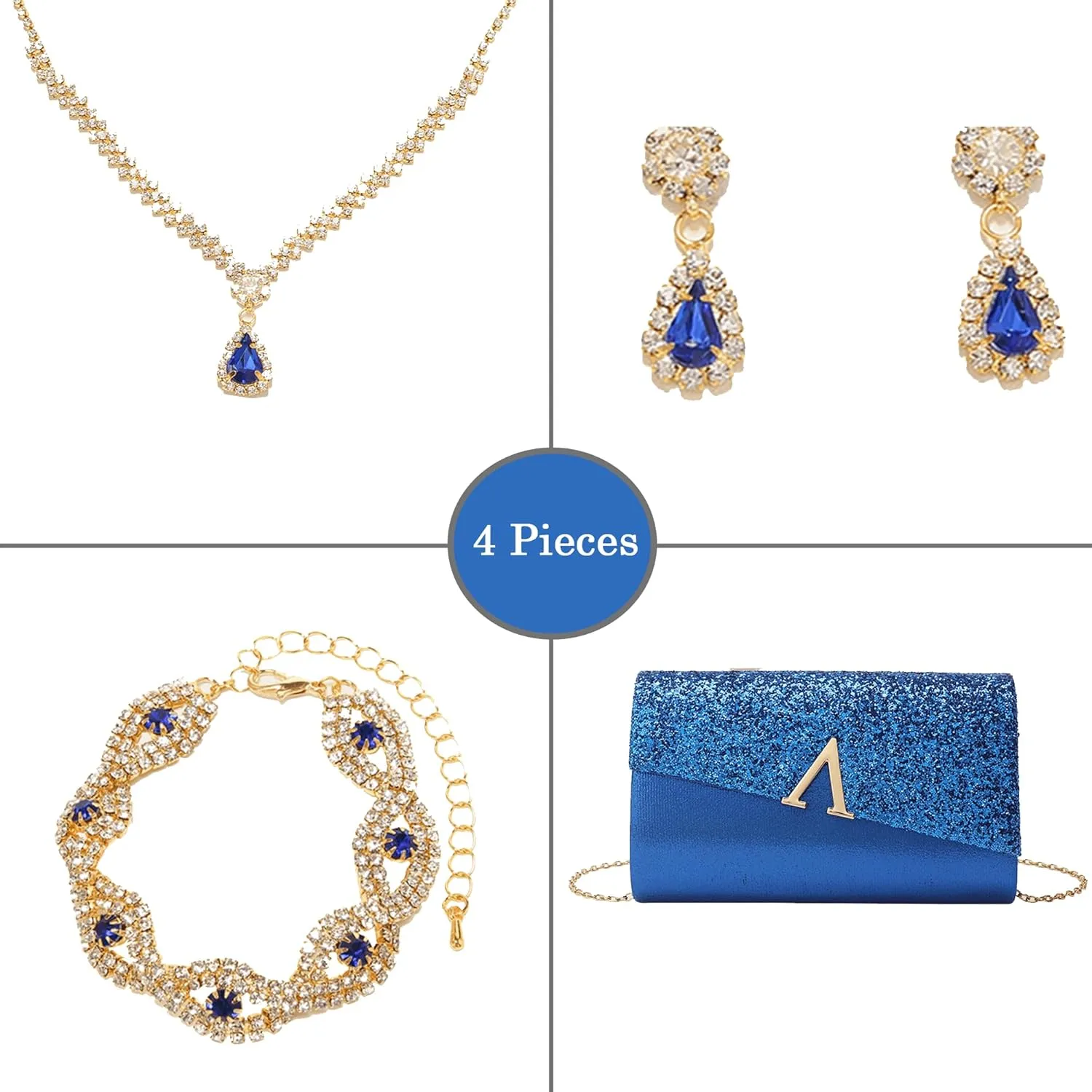 Glitter Evening Clutch Purse for Women Sparkly Shiny Handbag Ladies Wedding Prom Purse with Detachable Chain 4 Pieces Rhinestone Jewelry Set