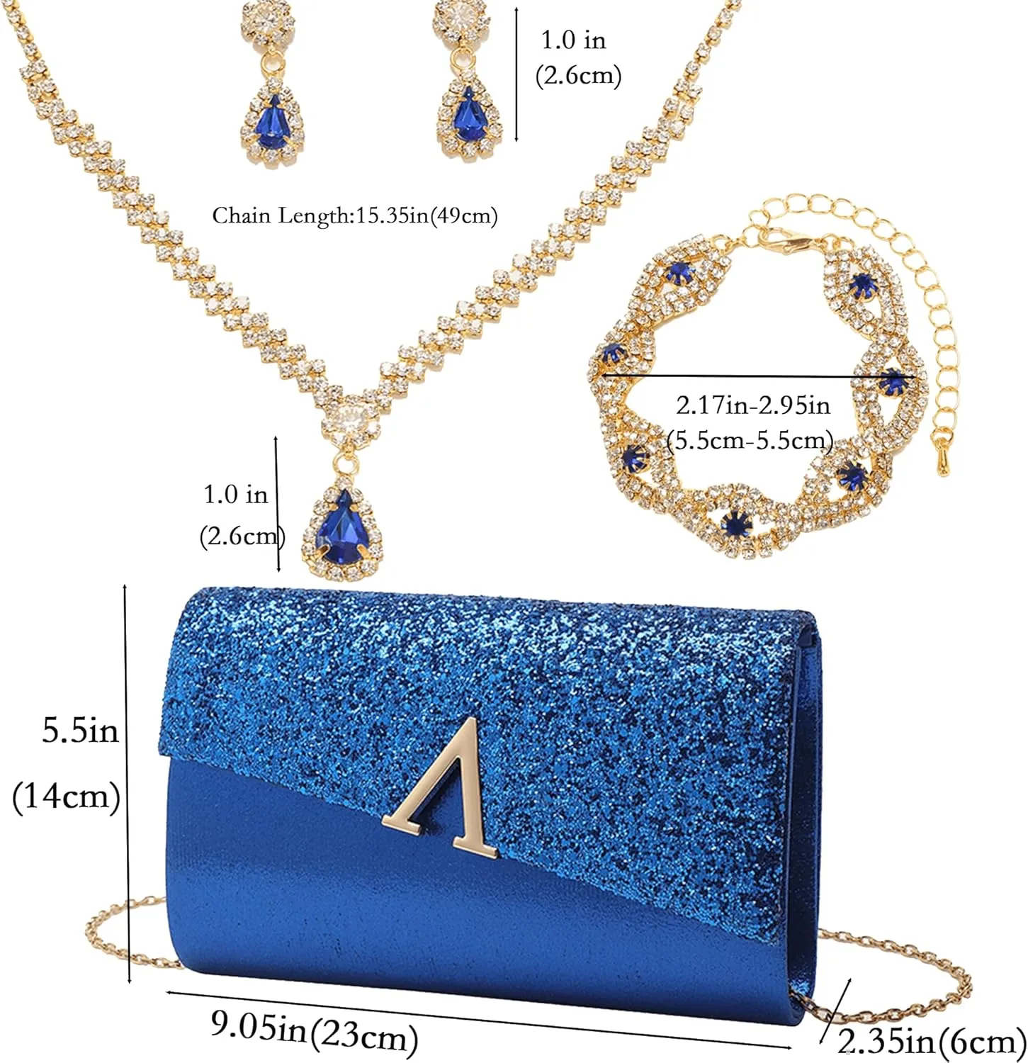 Glitter Evening Clutch Purse for Women Sparkly Shiny Handbag Ladies Wedding Prom Purse with Detachable Chain 4 Pieces Rhinestone Jewelry Set