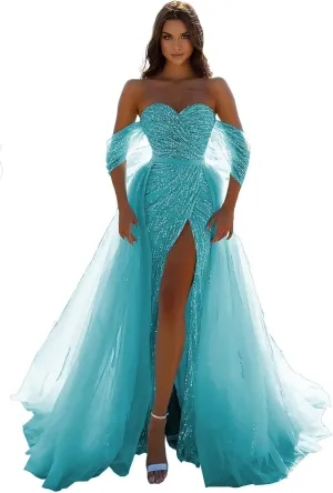 Glitter Sequin Prom Dresses 2024 Mermaid Slit Tulle Evening Sparkly Stretch Formal Gown with Undetachable Train DR0087