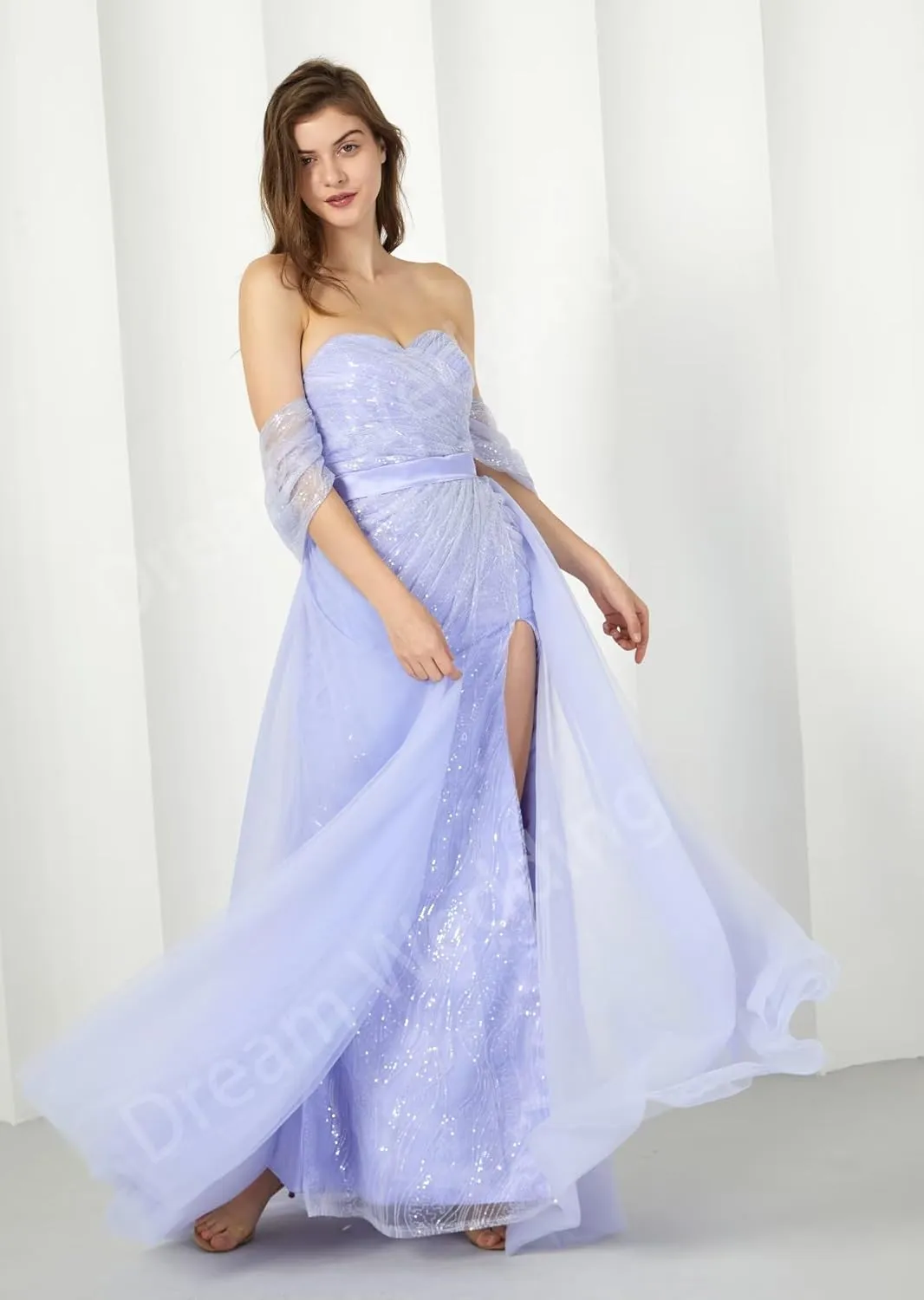 Glitter Sequin Prom Dresses 2024 Mermaid Slit Tulle Evening Sparkly Stretch Formal Gown with Undetachable Train DR0087