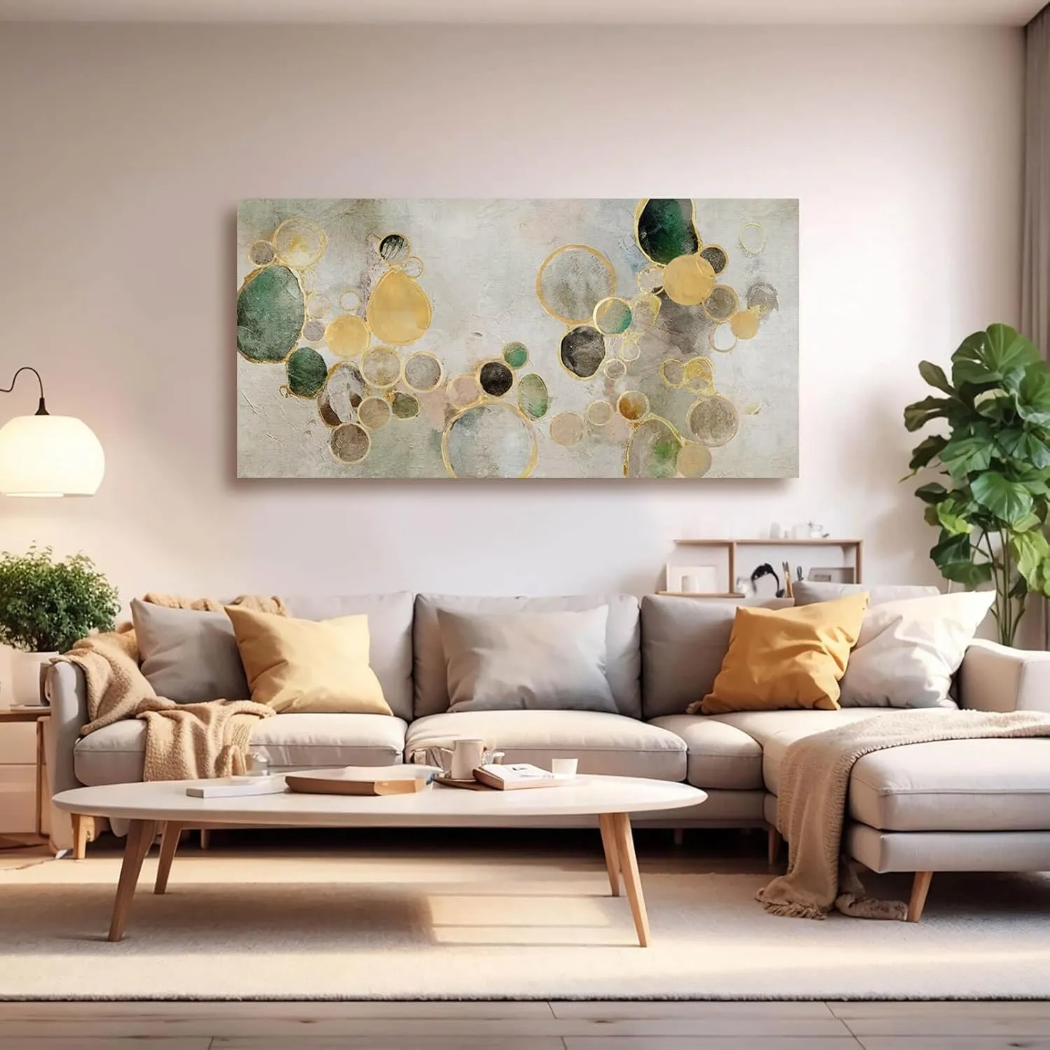 Gold Round Wall Art Neutral Beige Modern Canvas Wall Print 24"x48" Geometric Wall Decor Poster Print Abstract Wall Art for Living Room Dining Room