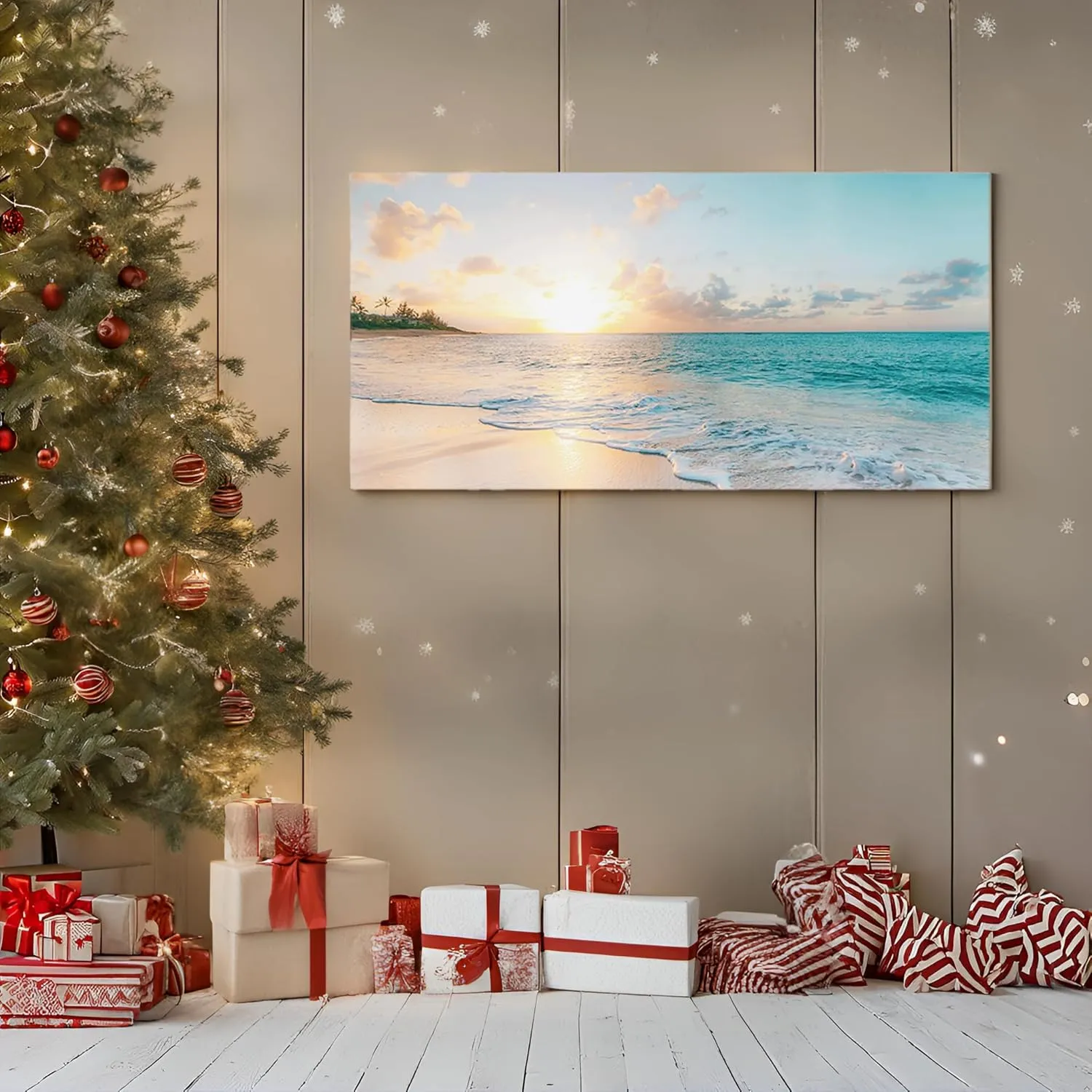 Goldfoilart Ocean Beach Sunset Canvas Wall Art for Bedroom Seascape Paintings Coastal Picture Framed Artwork for Bathroom Living Room Office Wall Decor 20" x 40"