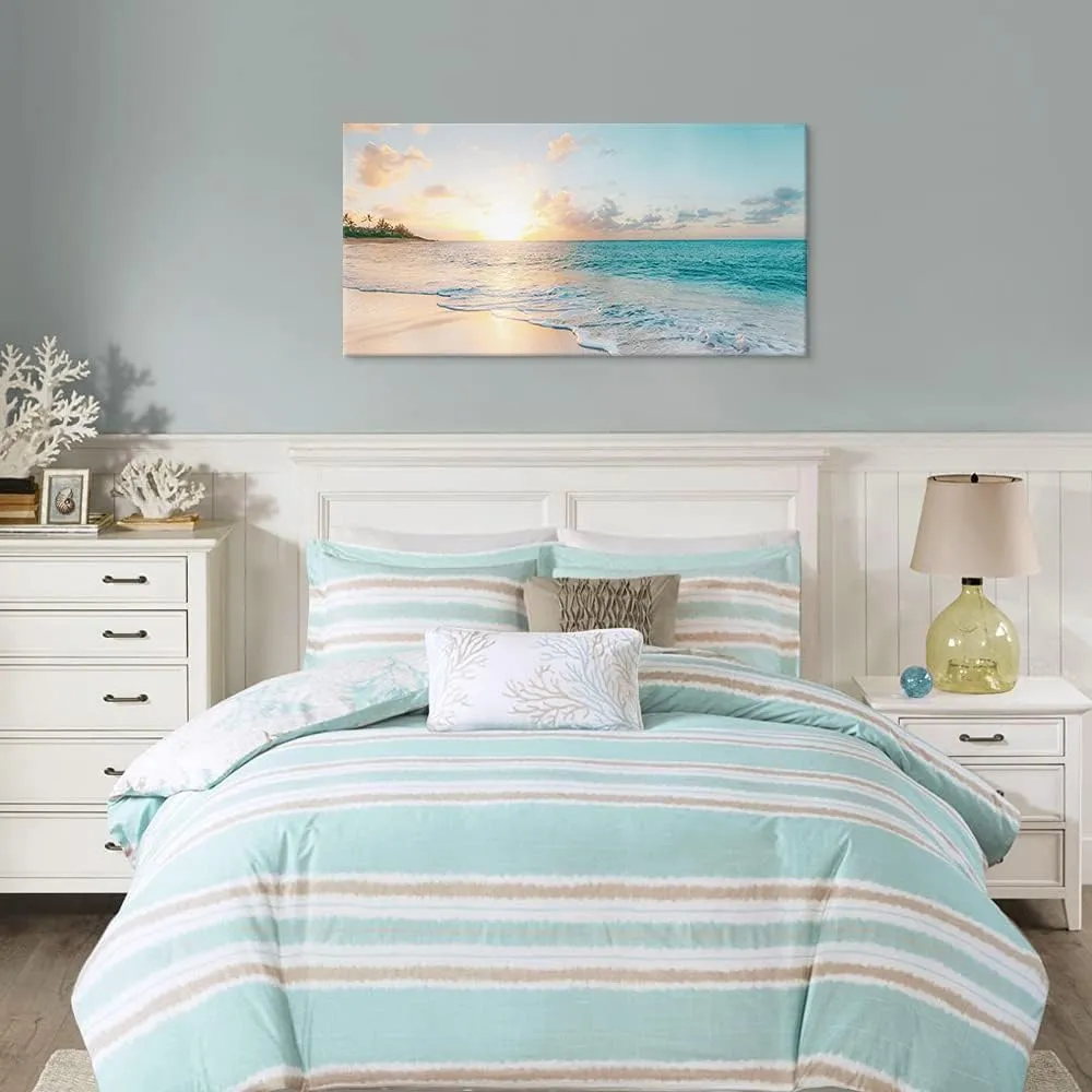 Goldfoilart Ocean Beach Sunset Canvas Wall Art for Bedroom Seascape Paintings Coastal Picture Framed Artwork for Bathroom Living Room Office Wall Decor 20" x 40"