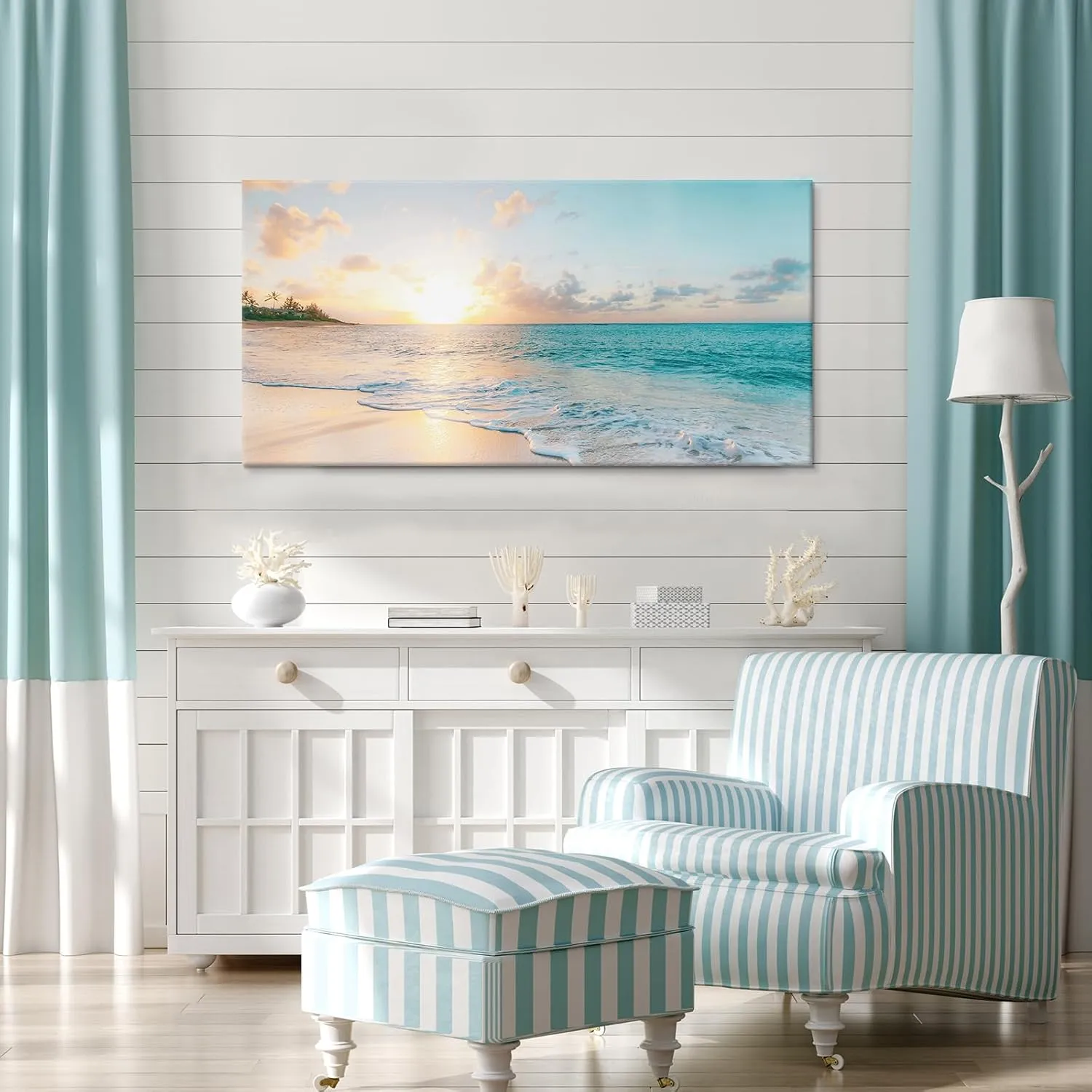 Goldfoilart Ocean Beach Sunset Canvas Wall Art for Bedroom Seascape Paintings Coastal Picture Framed Artwork for Bathroom Living Room Office Wall Decor 20" x 40"