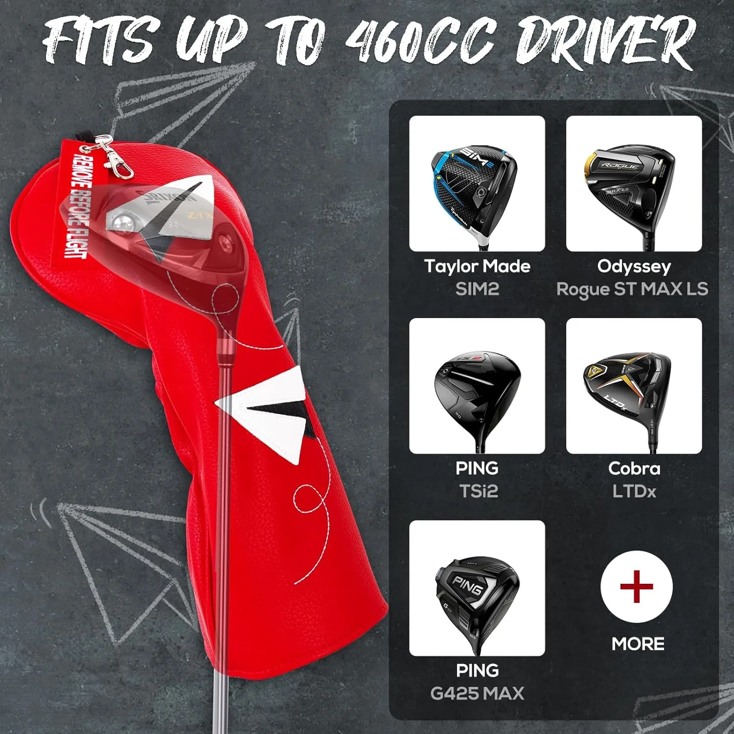 Golf Club Covers with Remove Before Flight Design Key Chain for Golf Club Driver Fairway Hybrid Headcover