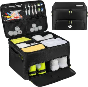 Golf Trunk Organizer, 2 Layers Golf Accessories Bag for Men, Waterproof Car Golf Storage Organizer with Compartment for 2 Pairs of Shoes, Golf Gifts for Men Women, Black