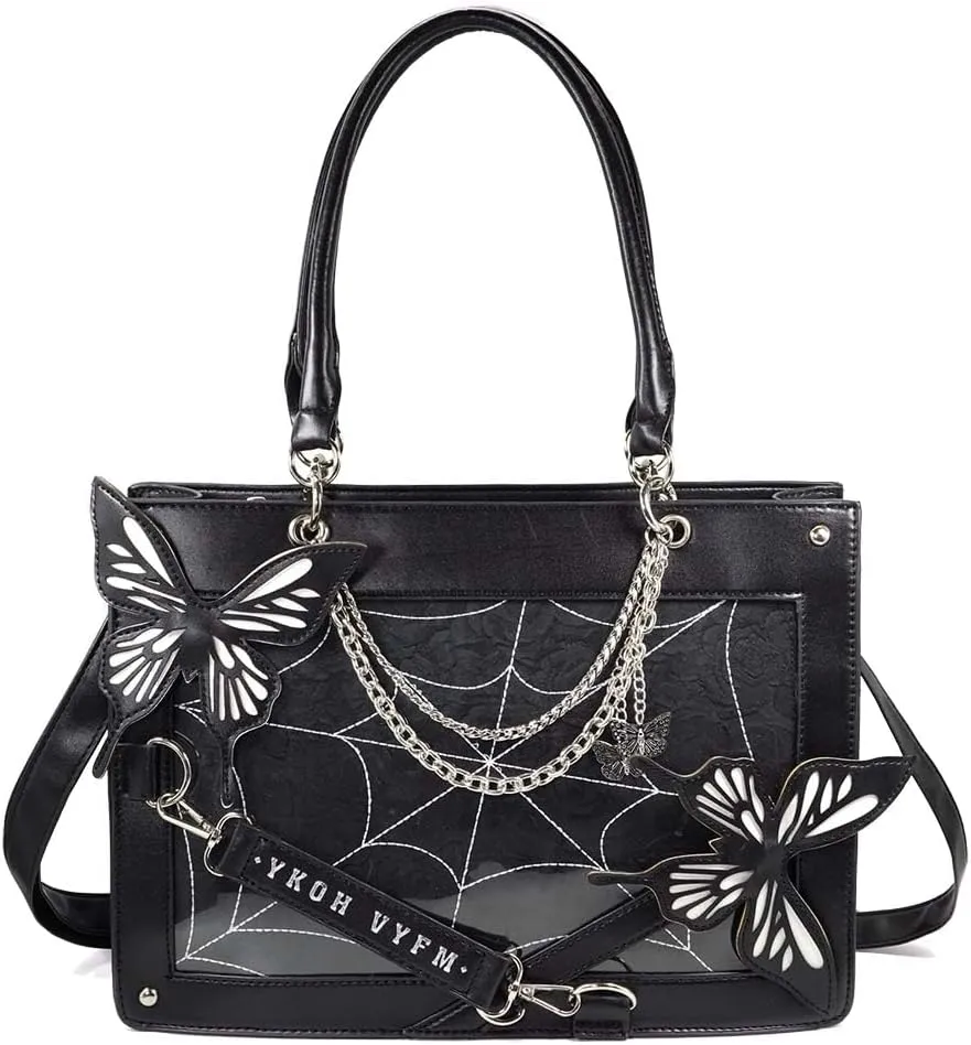 Gothic Tote with Zipper Crossbody Pin Display Purse Ita Bag Black Shoulder Women