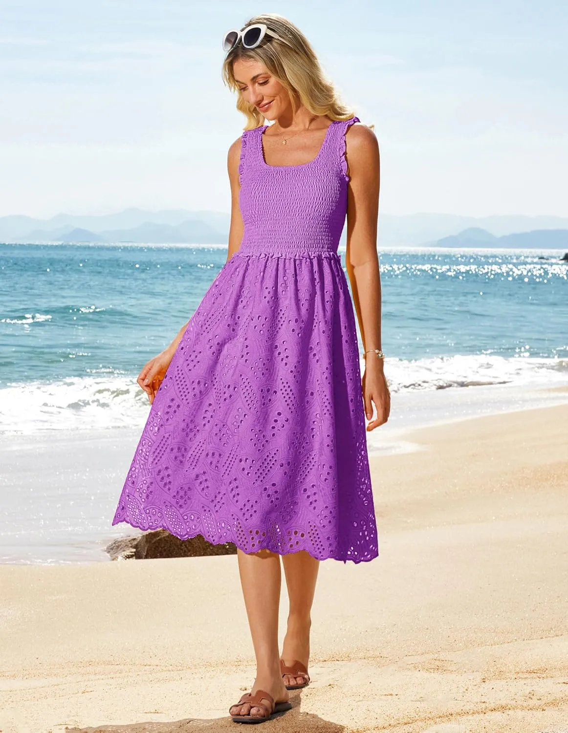 GRACE KARIN 2025 Womens Dress Summer Sleeveless Casual Vacation Embroidered Midi Dress with Pockets