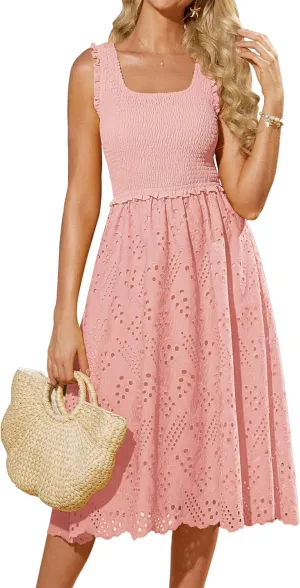 GRACE KARIN 2025 Womens Dress Summer Sleeveless Casual Vacation Embroidered Midi Dress with Pockets