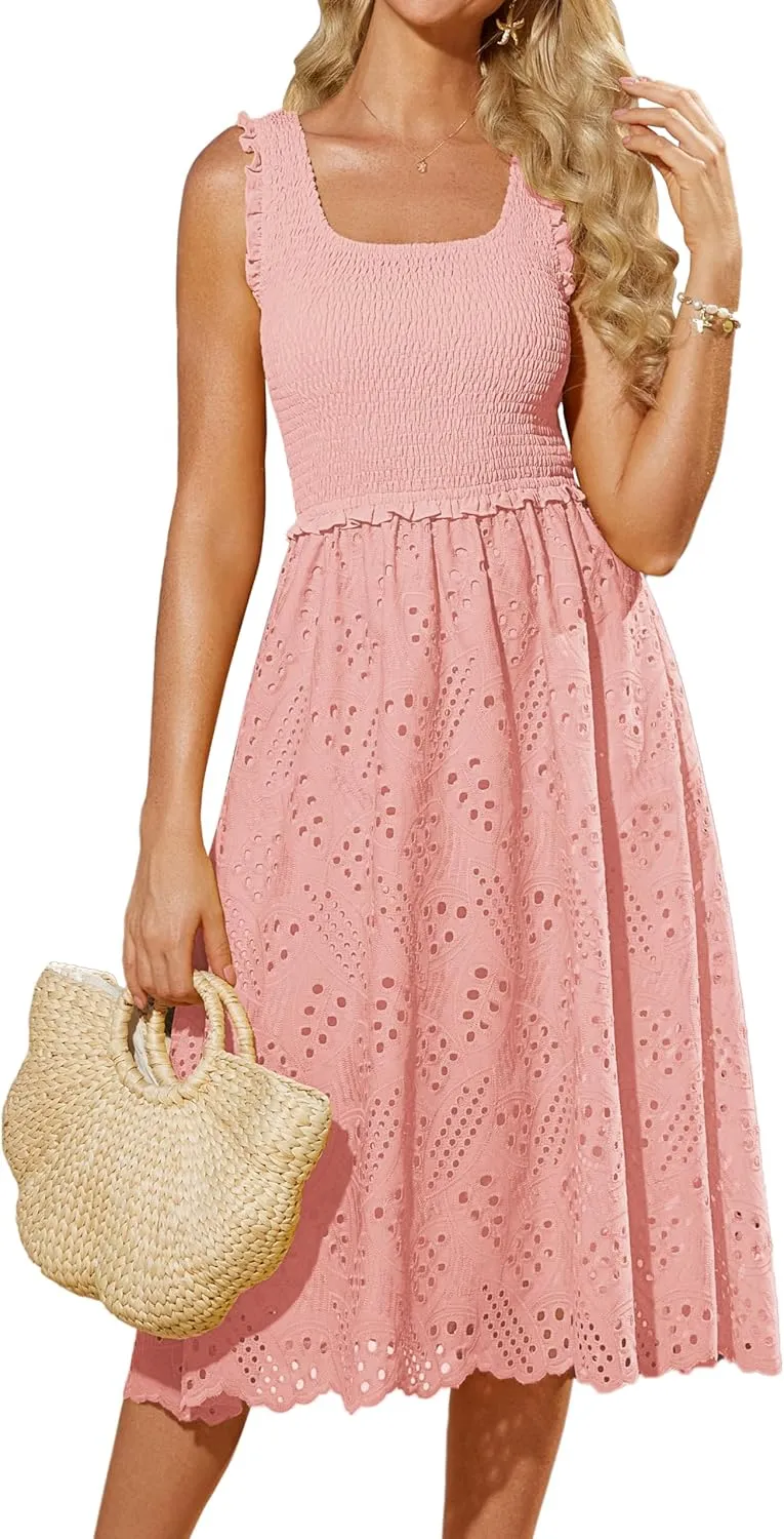 GRACE KARIN 2025 Womens Dress Summer Sleeveless Casual Vacation Embroidered Midi Dress with Pockets