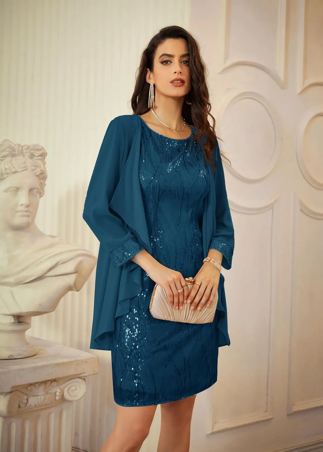 GRACE KARIN Sequin Dress for Women Knee Length Mother of the Bride Dresses Formal Dress Two Piece Dress with Chiffon Jacket
