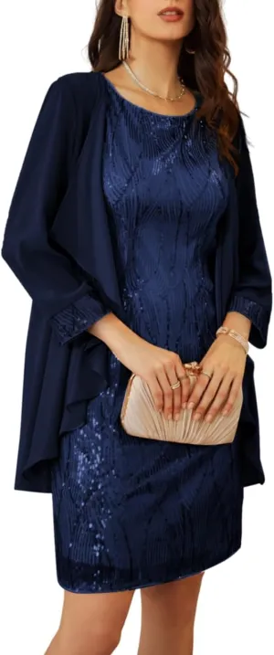 GRACE KARIN Sequin Dress for Women Knee Length Mother of the Bride Dresses Formal Dress Two Piece Dress with Chiffon Jacket